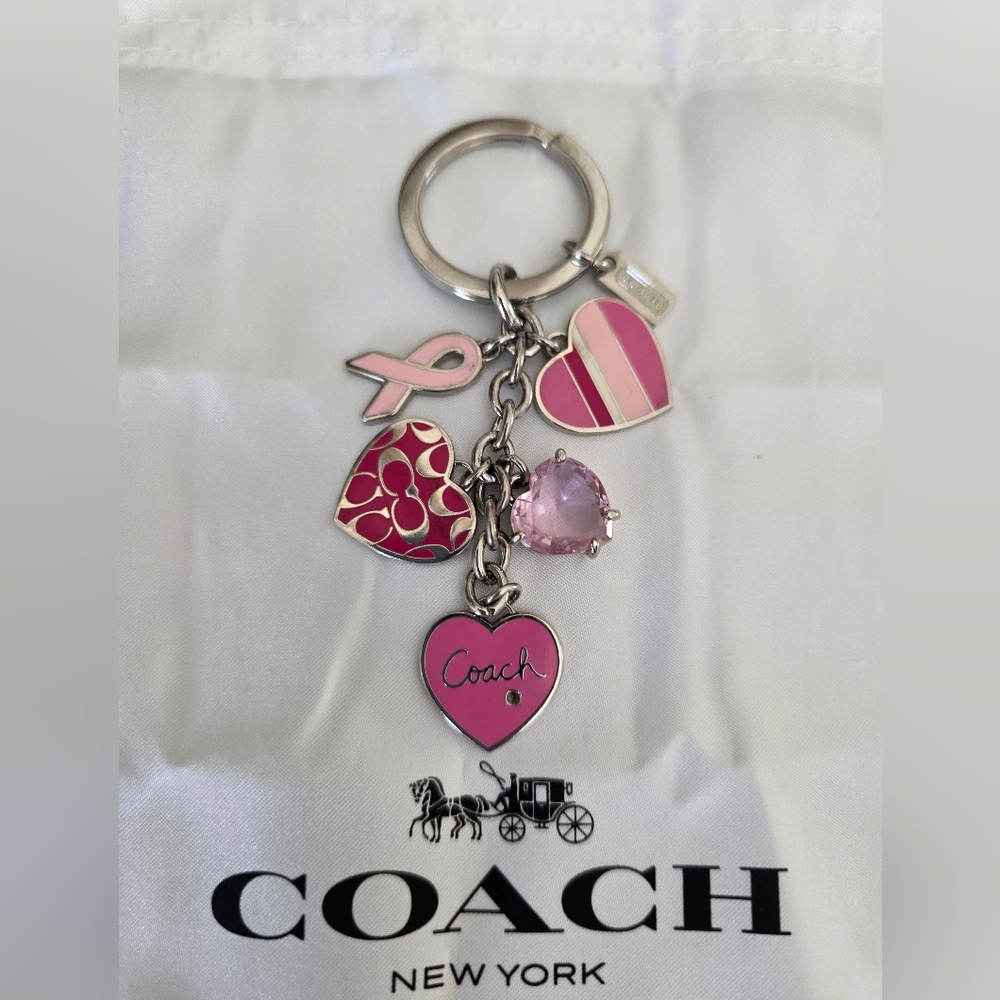 Vintage Coach Breast Cancer Awarness Keychain Pink Multi Enamel Hearts & Crystal - Picture 4 of 5